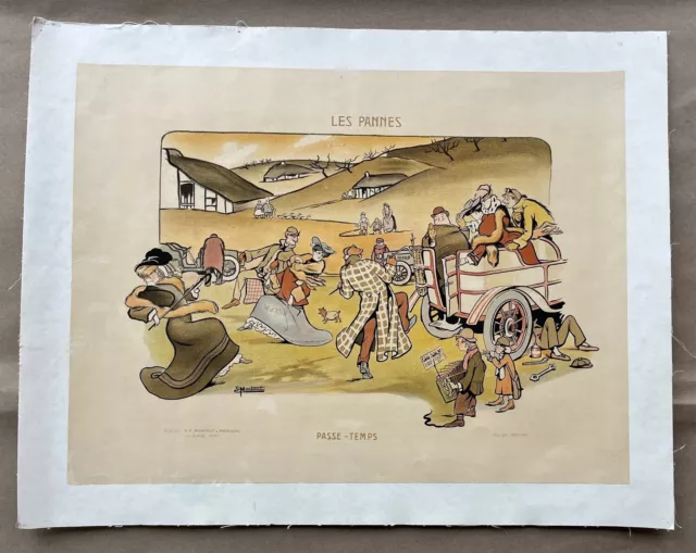 Lithograph hand-colored print Les Pannes "Passe-Temps" by Ernest Montaut 1903