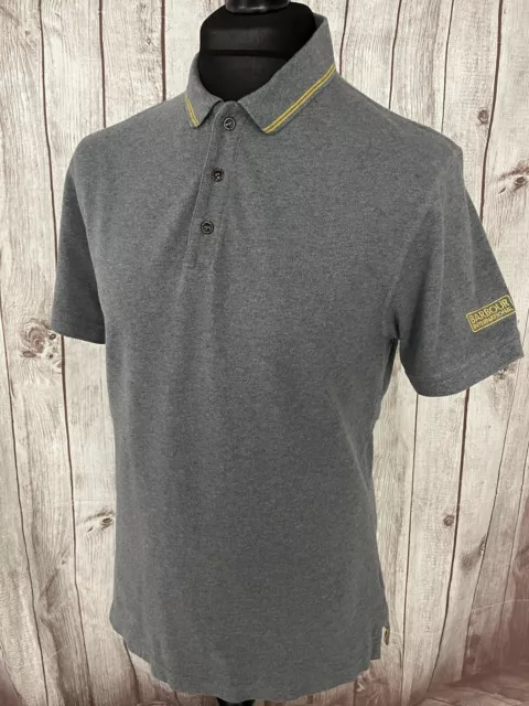 Barbour International Polo Shirt Mens Large Slim Short Sleeve Grey Yellow Tip