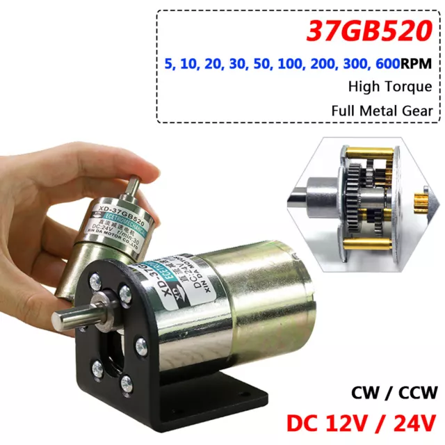 37mm Mini DC 12V/24V Gearmotor 10W Gearbox Motors Metal Gear 5 to 600RPM 37GB520