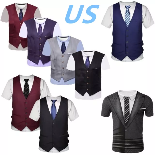 US Men Fake Two-Piece Tuxedo Suit Short Sleeve 3D Printed T-Shirt Tie Vest Shirt