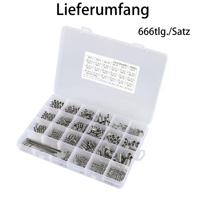 Set viti senza testa con presa esagonale di alta qualità 666 pz M2 M8 resistenti alla ruggine