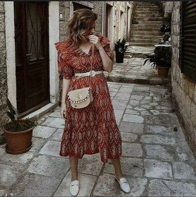 Zara Woman Puff Sleeves Midi Dress With Cutwork Embroidery Red 0881/118 New