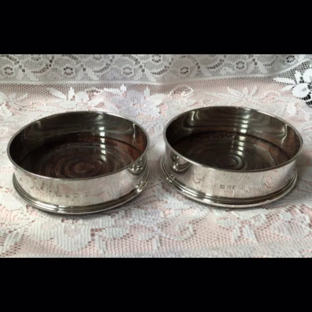 Pair 1983 Solid Silver Beaded Bottle Coasters - Turned Wood Base By P H Vogel