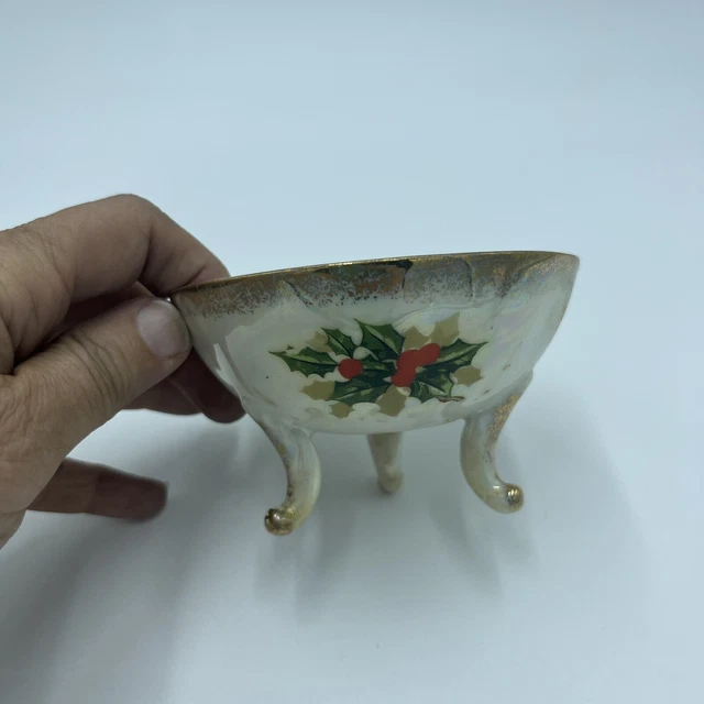 Ucagco China Footed Bowl Japan Holly Iridescent Lusterware Christmas Vintage Ucagco China Footed Bowl Japan Holly Iridescent Lusterware Christmas Vintage