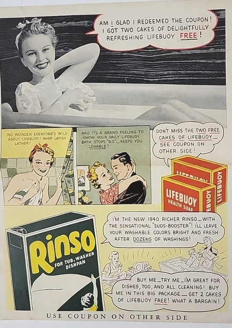 1940 Rinso & Life Buoy Health Soap Coupon Free Color Advertisement WWII Era