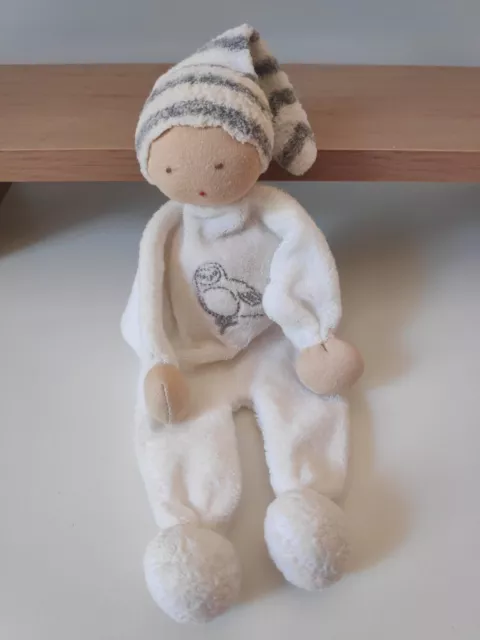 Doudou poupée lutin blanc chouette hibou bonnet rayé gris ALANA ?  + cadeau