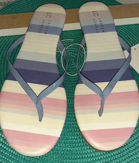 LC LAUREN CONRAD Women's 9 M Sandals Blue Multicolor Stripes  Flip Flops NEW!