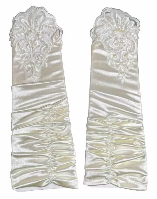 Ivory Fingerless Wedding Gloves Satin & Lace, Long Stretchy, Bridal Prom Theatre