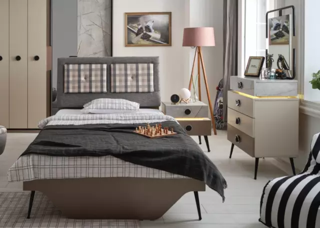 Chambre à Coucher Multicolore Complet Lit Table de Chevet Commode Miroir Neuf