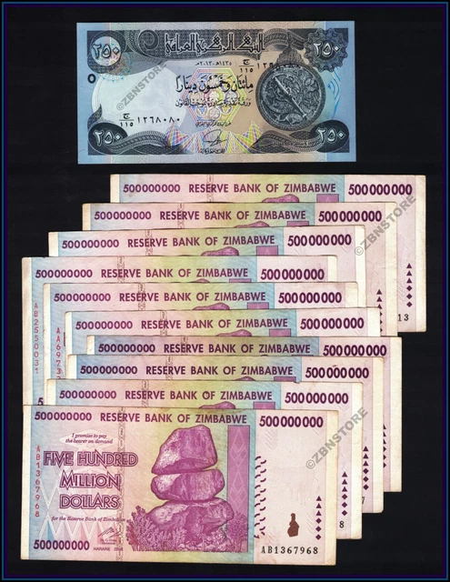 10 X 500 Million Zimbabwe Dollars Banknotes 1 X 250 Dinars Iraq COA 10-x-500-million-zimbabwe-dollars-banknotes-1-x-250-dinars-iraq-coa