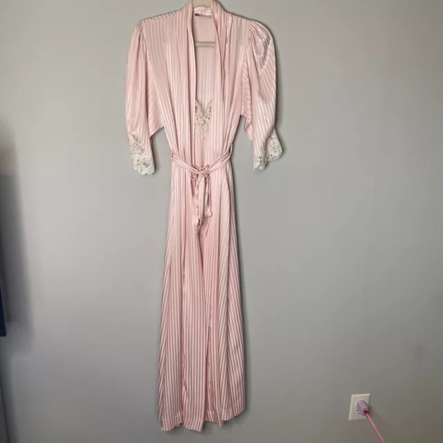 Vintage 1950s Christian Dior Pearly Pink Striped Night Gown And Robe Set Size S