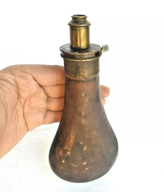 Original Old Vintage Victorian Copper & Brass Antique Gun Powder Bottle / Flask