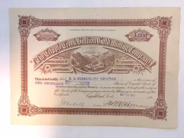 Colorado Cripple Creek  Bullion  Gold Silver Mining Stock Certificate 1899