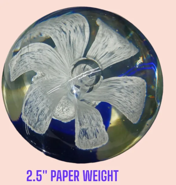 Vintage Hand Blown Art Glass Paperweight White Flower with Cobalt Blue Base