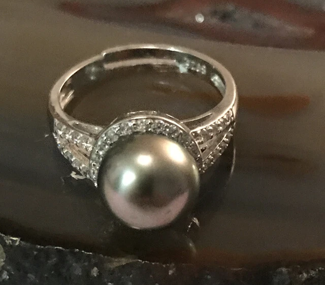 Tahitian Pearl Ring. 10mm. Sterling Silver and CZ Ring.