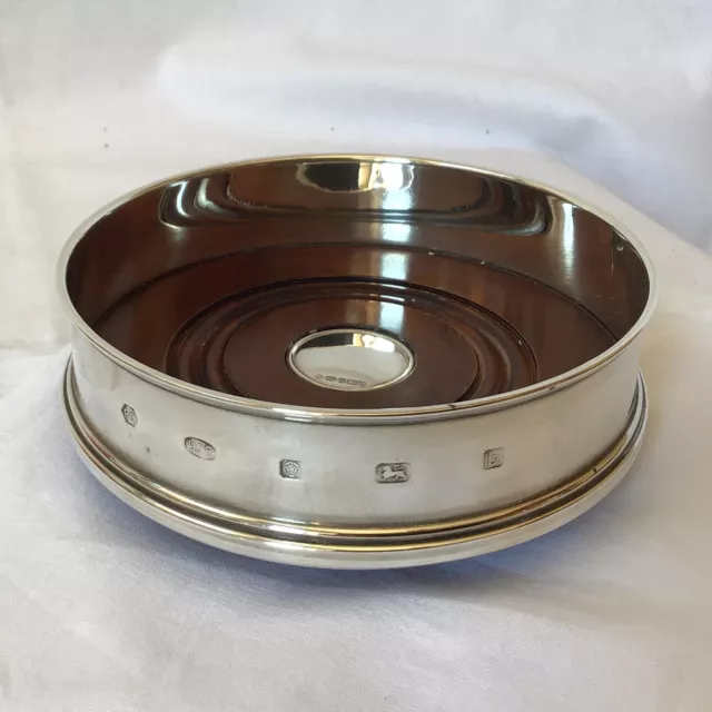2001 Solid Silver Feature Hallmark Bottle Coaster, Wood Base By Carr's Sheffield