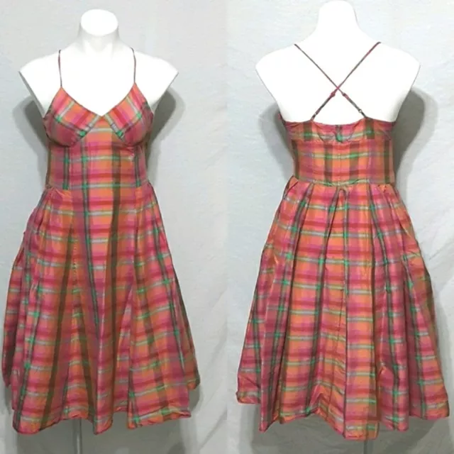 Isaac Mizrahi Women's 100% Silk Rainbow Tartan Plaid Fit and Flare Dress Size 2