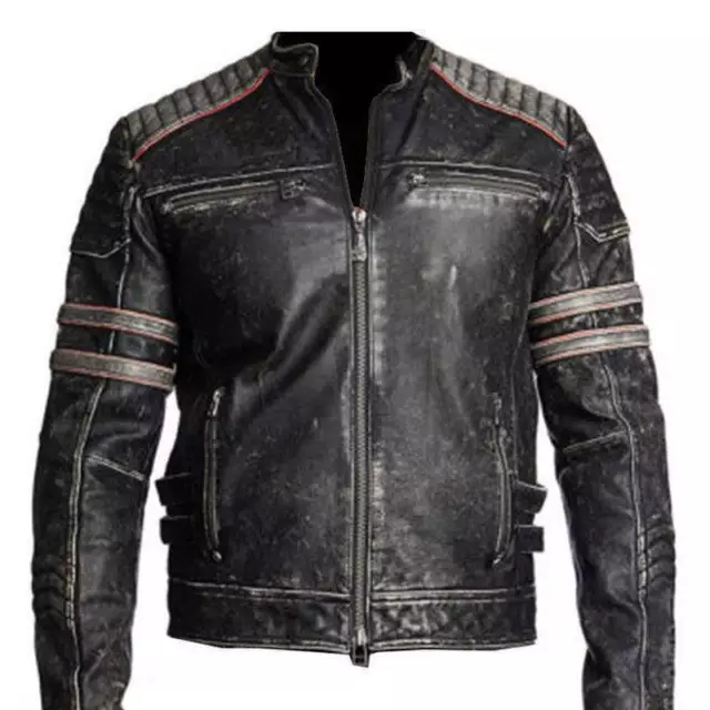 Mens Vintage Motorcycle Distressed Black Biker Retro Cafe Racer Leather Jacket