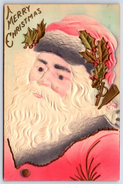 Postcard Airbrushed Embossed Red Santa Claus Merry Christmas c1910 S31