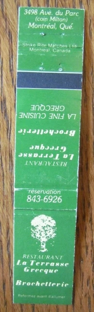 Greek Restaurant Matchbook Matchcover: Terrasse Grecque (Montreal, Quebec) -E8