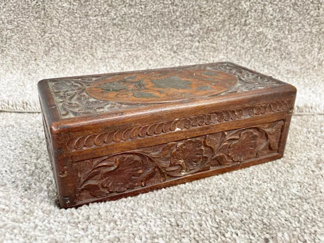 Vintage Antique Carved Wooden Box Treen Ornate Floral Pattern