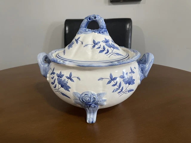 Antique Ceramic Chinoiserie Soup ￼Tureen w Lid Country Estate Blue/White