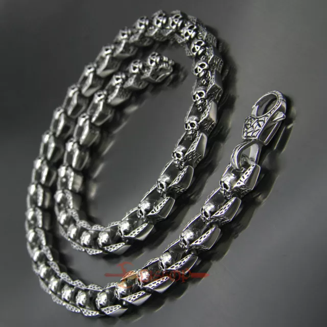 Men's Retro Skull Link Necklace Heavy Silver Stainless Steel Chain Biker Jewelry