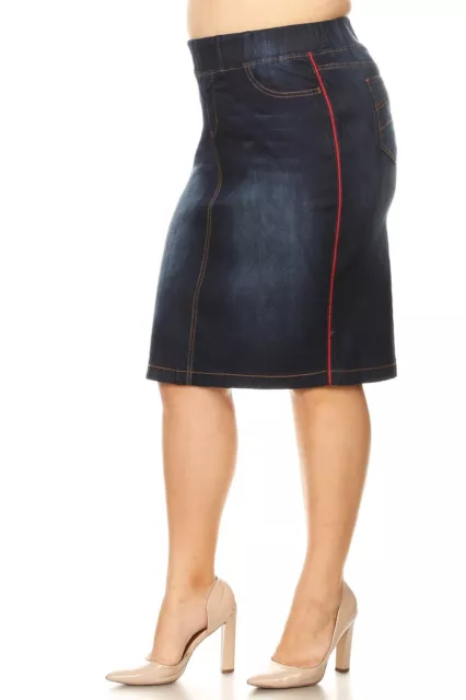 New Women calf length 26" Midi Skirt Stretch Denim Dark wash back slit WG-77349