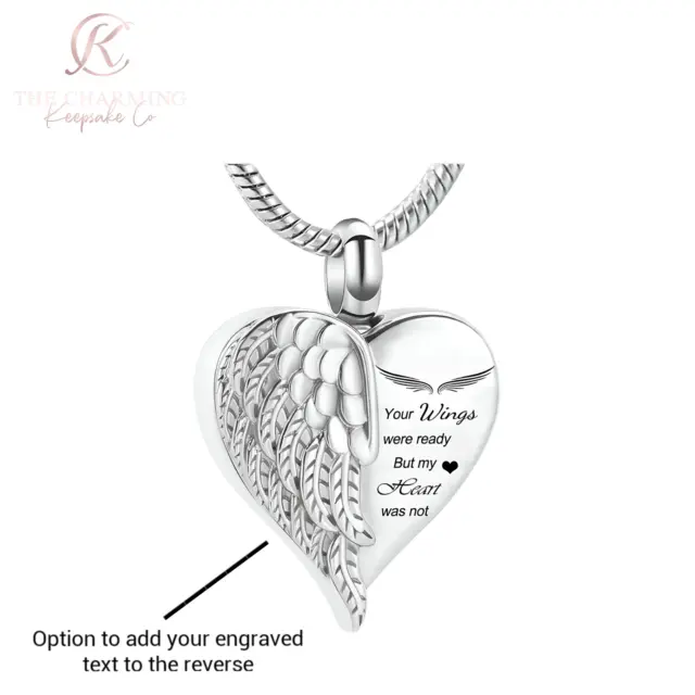 Engraved Cremation Ashes Angel Wing Necklace Silver Ladies Personalised Memorial