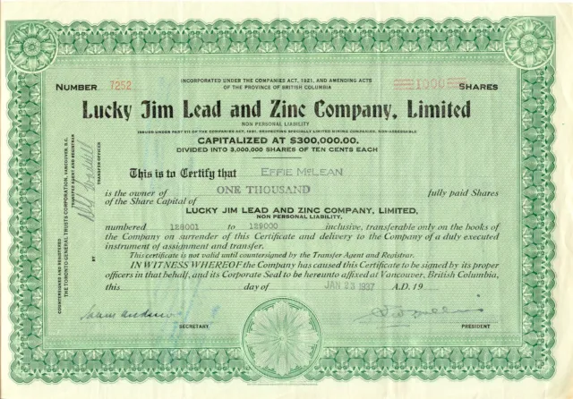 Canada 1937 Heureux Jim Lead And Zinc Compagnie Ltd Certificat Par 1.000 Gründer