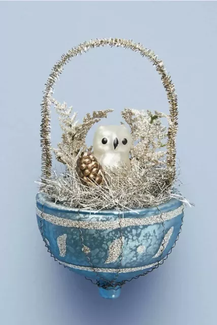 Anthropologie Owl's Nest Glass Christmas Ornament Blue Silver Tinsel Holiday