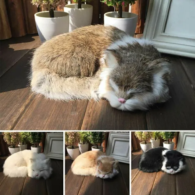 Realistic Sleeping Lifelike Cat Plush Fake Fur Life Size Furry House Animal New