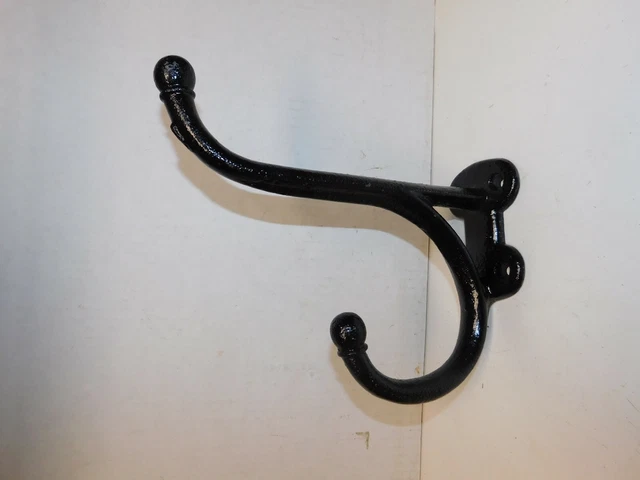 Antique Cast Iron Hook Equestrian Coat Hat Double 10" Wall Mount Black Paint Vtg