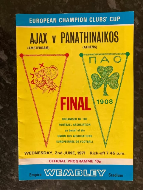 Ajax V Panathinaikos  European Cup Final Programme- June 2nd 1971