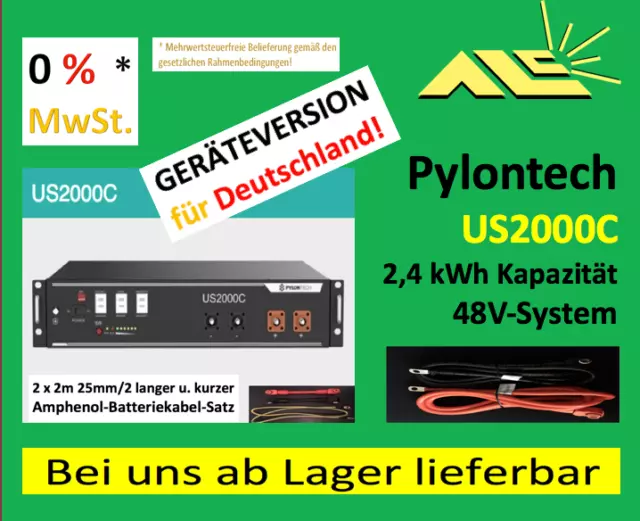 US2000C Pylontech Batterie-Speicher 48V 2,4kWh + 2x2m, Rechnung mit 0% MwSt.!