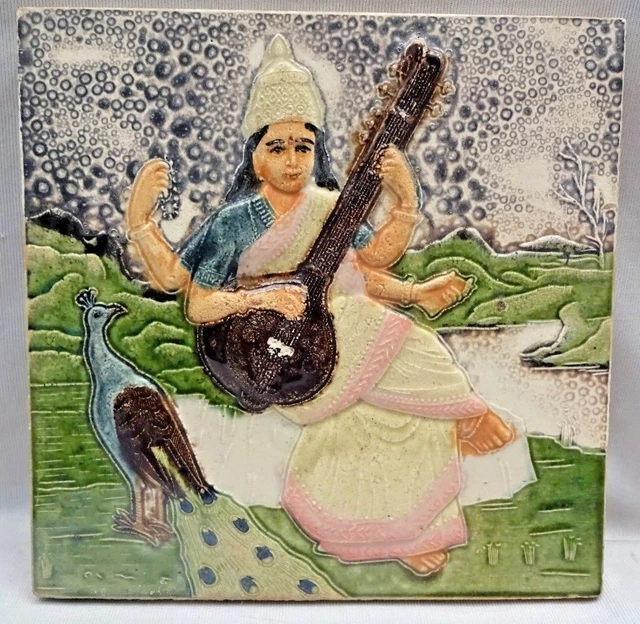 Antique Sarasvati Raja Ravi Varma Tile Painting Object Majolica Art India #354