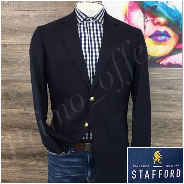 Stafford Mens Blazer Sport Coat Casual Two Button Jacket Size 42R Navy Wool Suit