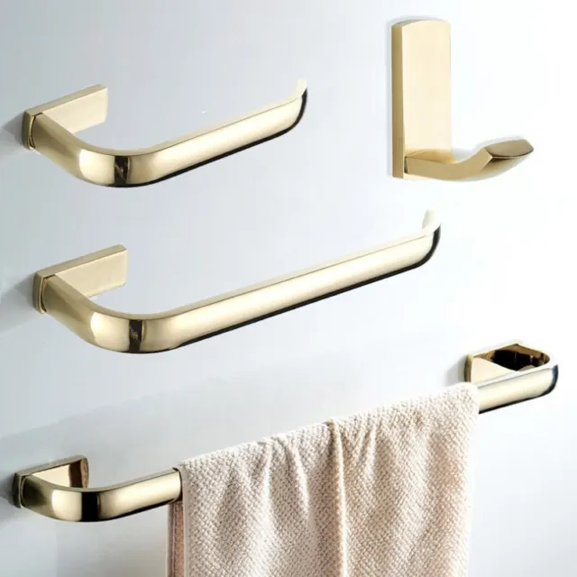 4PCS Bath Accessory Set Towel Bar Paper Holder Towel Ring Robe Hook Gold Brass