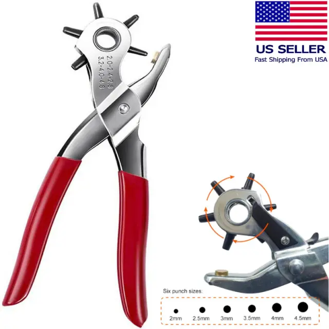 9" Leather Hole Punch Hand Pliers Belt Holes 6 Sized Puncher Heavy Duty Tool New