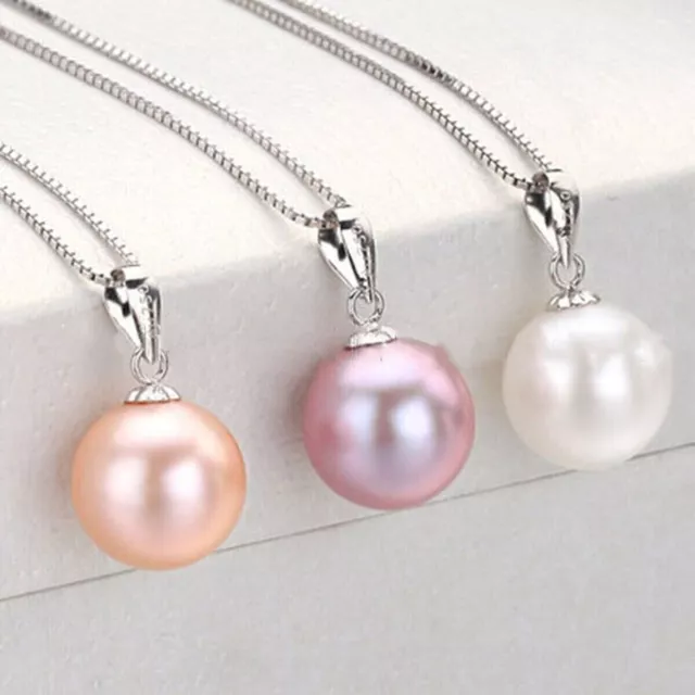 3 Pcs Beauty 8-14mm White Pink Purple Shell Pearl 925 Silver Pendant Necklace