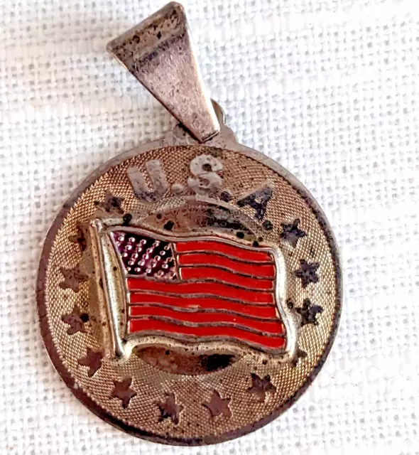 Vintage Patriotic USA American Flag Stars Stripes Sterling Silver Pendant Charm