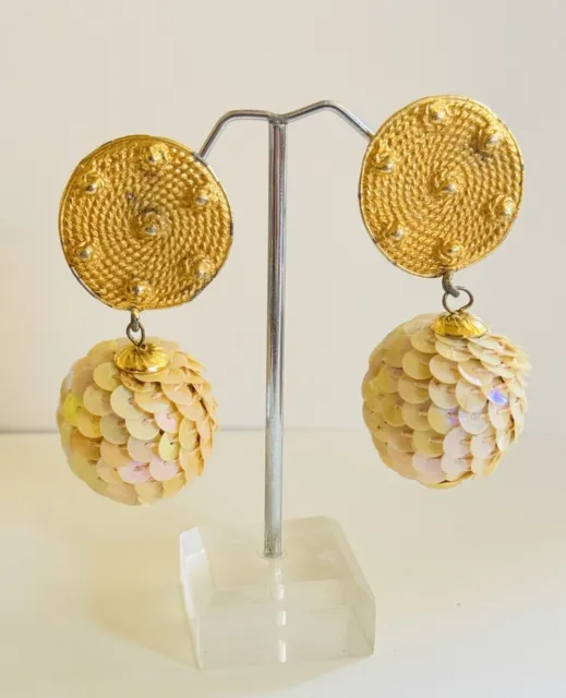 VTG Earrings Couture Matte Gold Tone Metal Dangle Runway Clip rare Drop Sequins