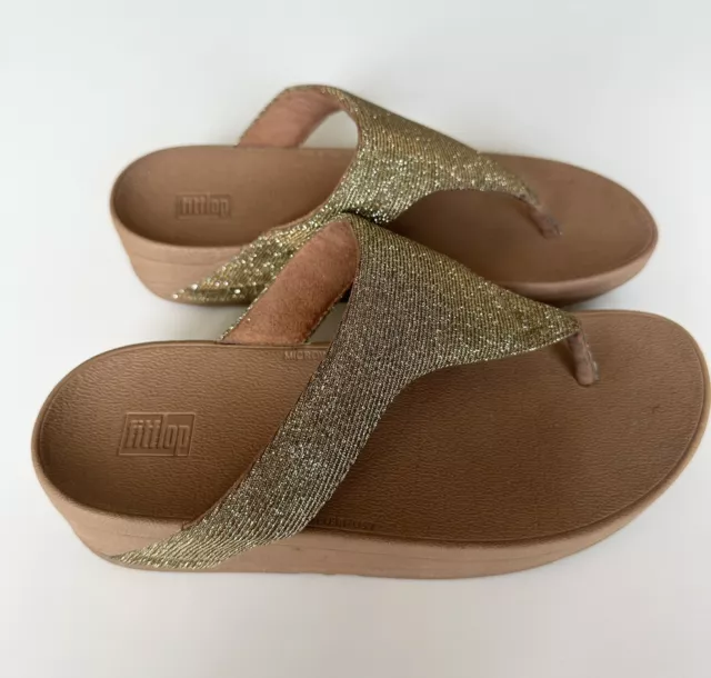 Fitflop Lottie Glitzy Shimmery Glitter Gold Platform Thong Flip Flop Sandals 7