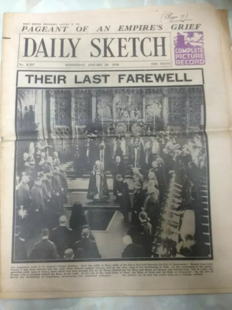 The Daily Sketch UK Newspaper. January 29th 1936. The Funeral of King George V.