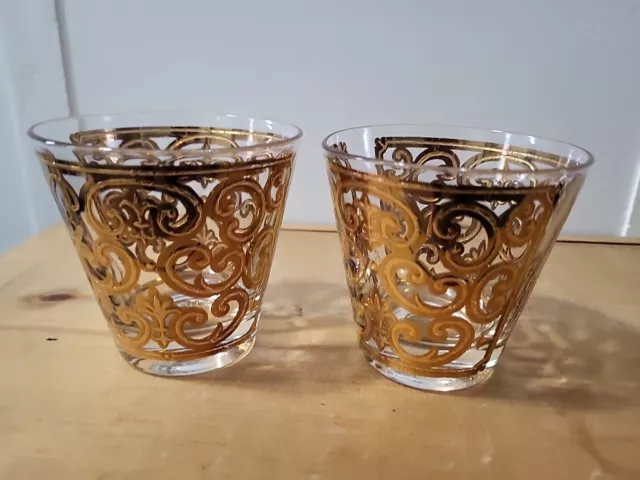 Vtg Georges Briard Spanish Gold Scroll Old Fashioned Cocktail Glasses 2