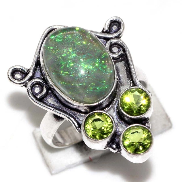 925 Silver Plated-Opalite Peridot Ethnic Gemstone Ring Jewelry US Size-8 JW