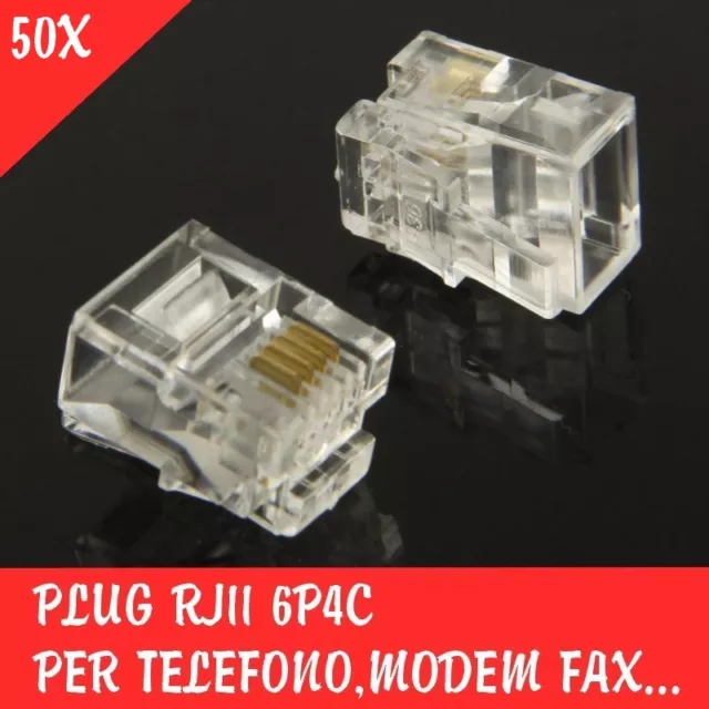 50X PZ Connettori Plug RJ11 4 Pin Poli Cavo Spina Telefonico Fax ADSL Rete RJ 11