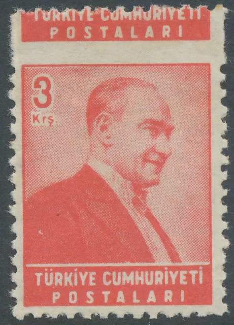 TÜRKEI 1955 Atatürk 3 K rot postfr. ABART: Überlänge mit ZWEIMALIGER LANDESNAME