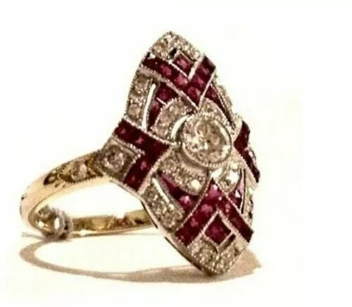 Art Deco Vintage Style 2.Ct Round Cut Lab-Created Diamond & Ruby Ring 925 Silver