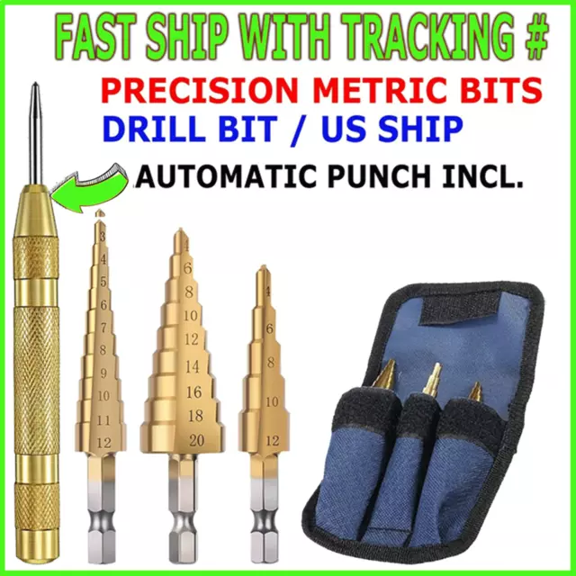 HSS 4PCS Titanium Step Drill Bit Set Quick Change 1/4 W/ Automatic CENTER PUNCH
